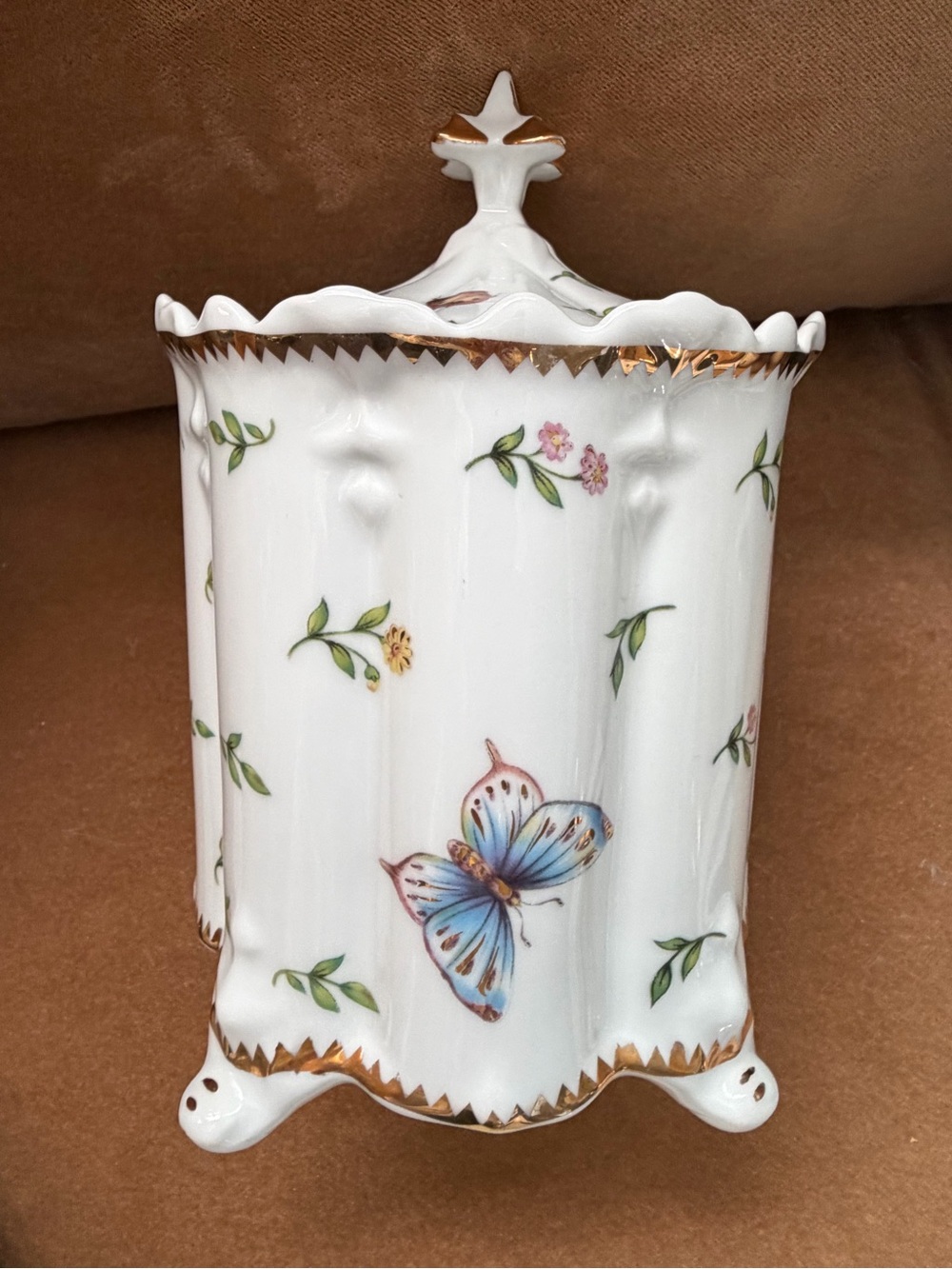 Godinger footed jar with lid, butterflies, flowers